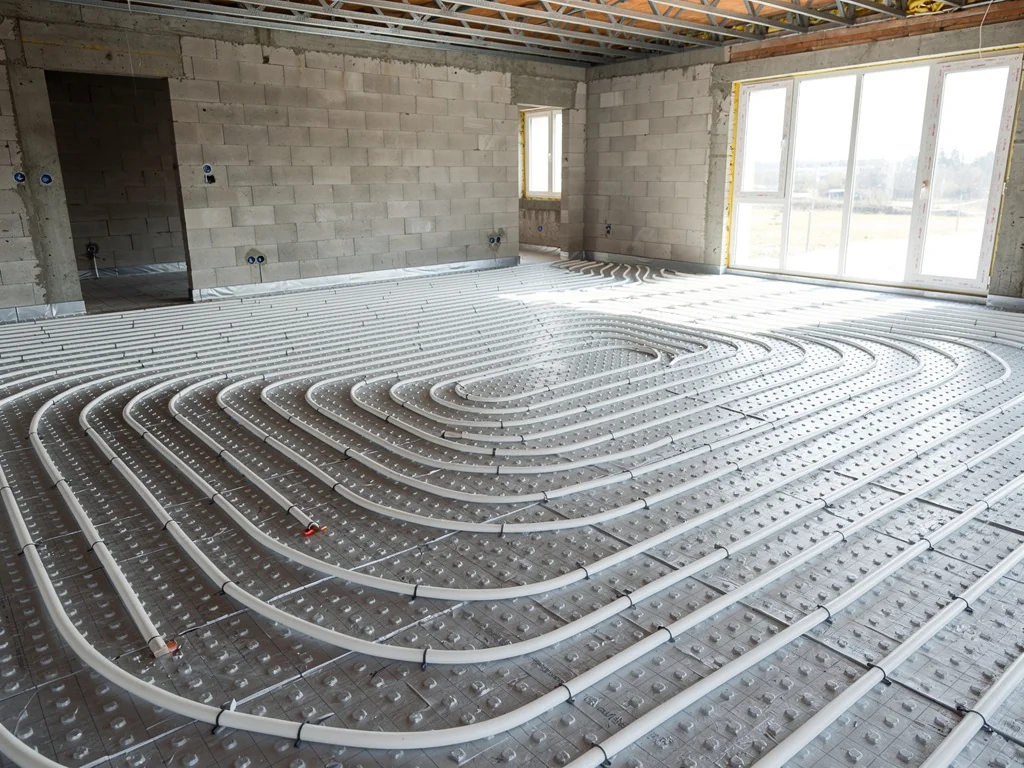 Réseau de plancher chauffant hydraulique déroulé avant le coulage de la chape
