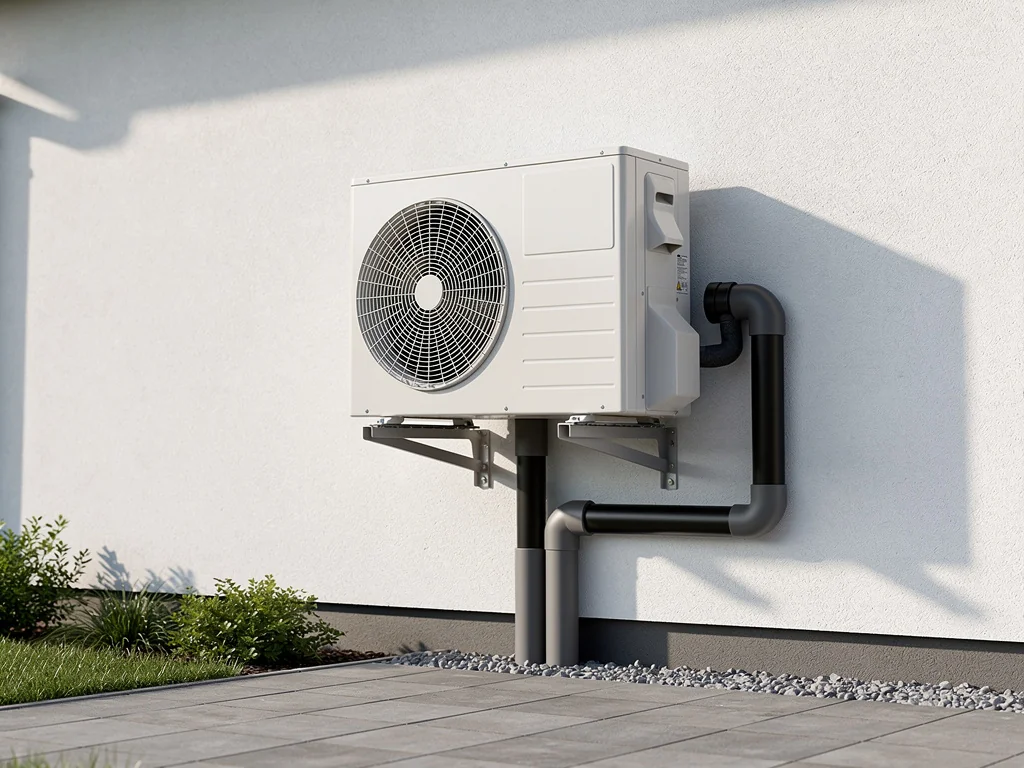 Groupe extérieur d'une PAC air/eau posé le long d'un mur, relié au chauffage au sol